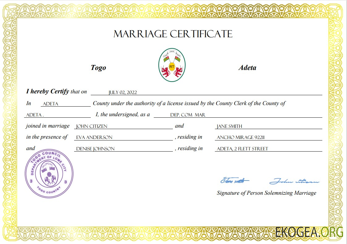 Modèle Word et PDF d'acte de mariage au Togo